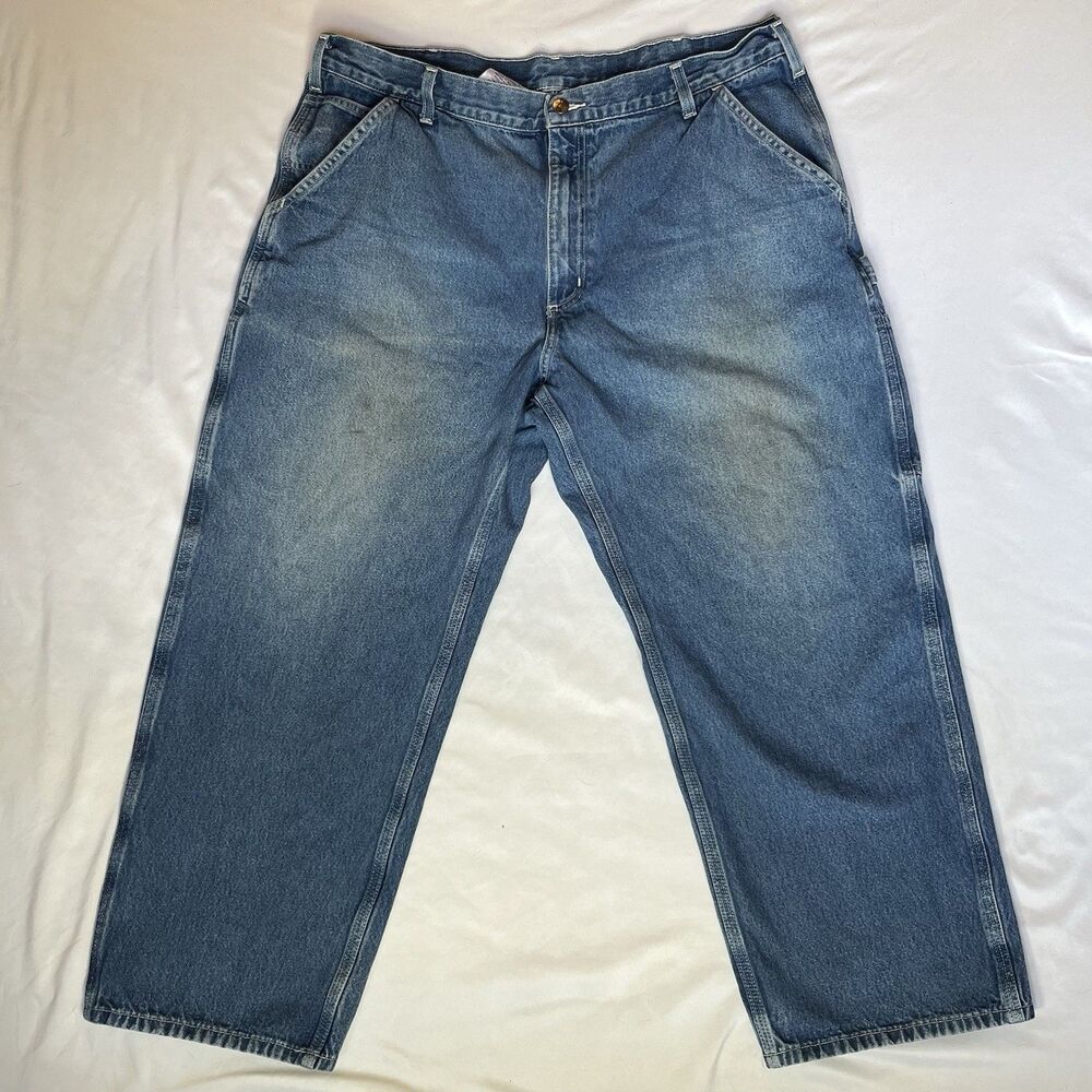 Carhartt Work Dungaree Mens 40x28 Blue Loose Original Fit B13-DST Jeans Distress